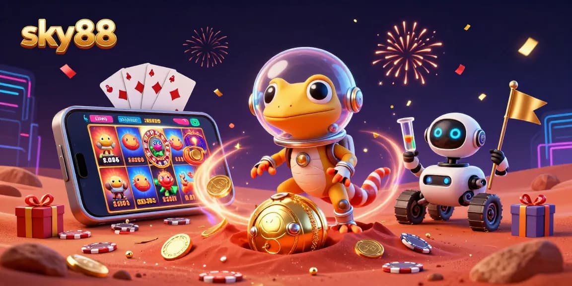 Engage with sky88's vibrant Martian casino adventure, featuring a gecko and celebrating aliens.