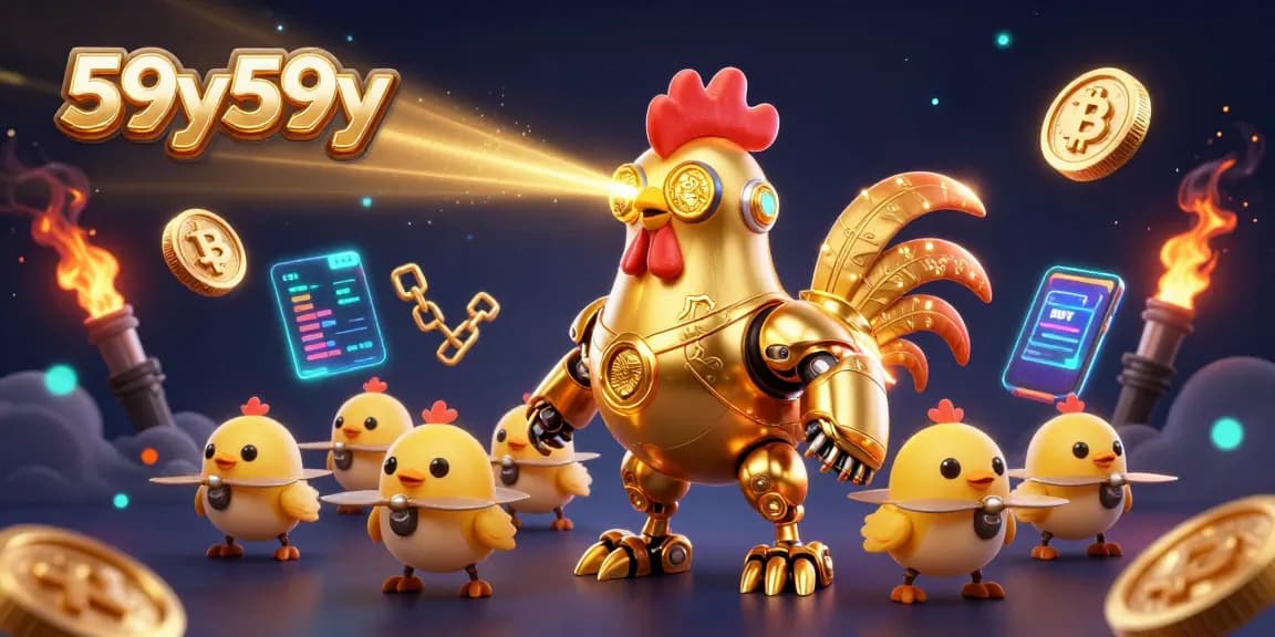 Engage with the thrilling 59y59y gaming experience featuring a golden rooster robot and crypto elements.