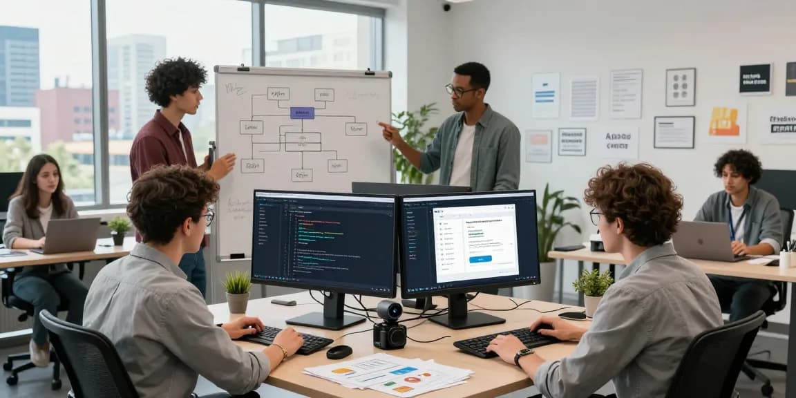 Developers collaborating on an innovative age verification system in a modern tech workspace.
