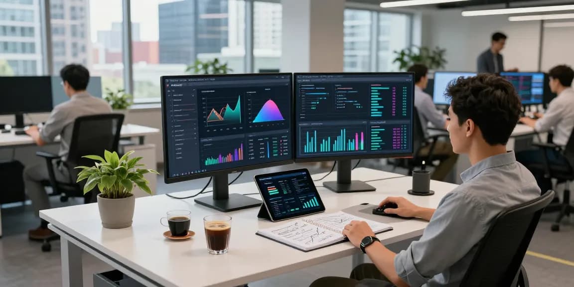 Kinetiq data scientist analyzing media exposure metrics in a modern analytics office environment.