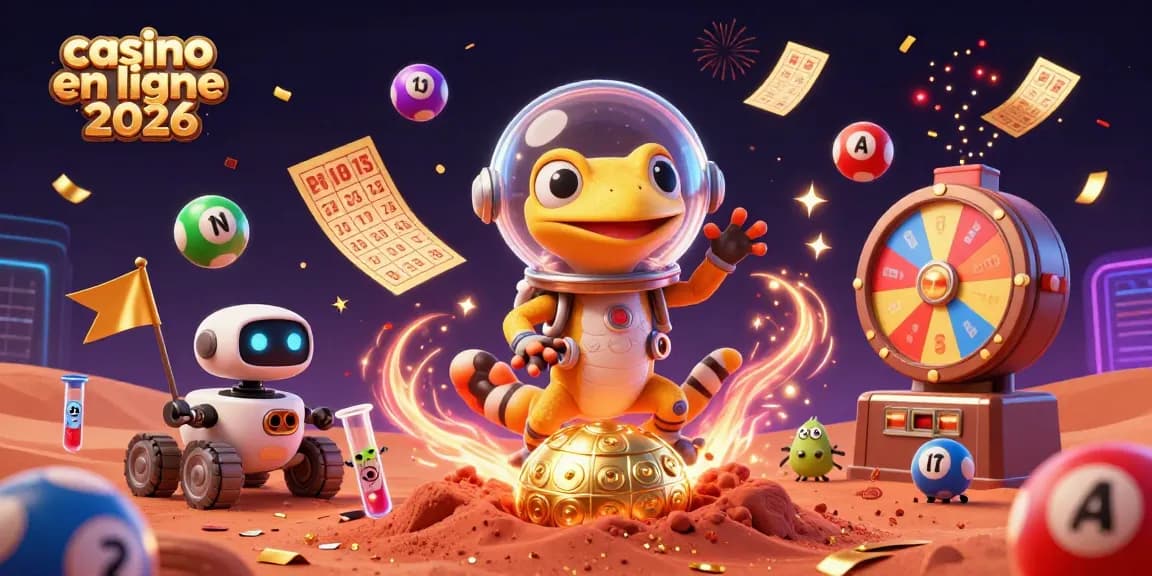 Illustration dynamique du casino en ligne 2026 avec un lézard martien et des éléments de jeu.