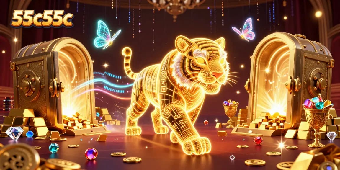 Aposta em 55c55c em um cassino digital vibrante com um tigre dourado de luz e tesouros brilhantes.