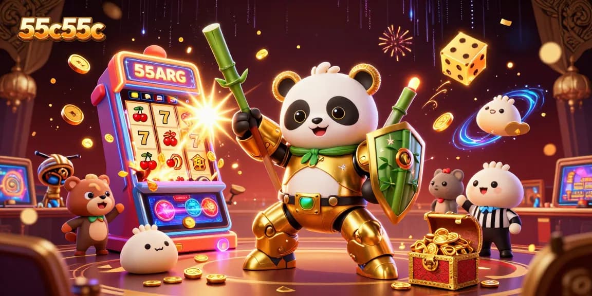 Engage with thrilling casino action at 55c55c, featuring a 3D mech-suit panda in a vibrant jackpot scene.