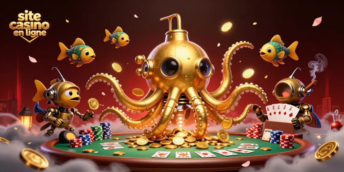 Jouer sur un site casino en ligne avec un kraken en 3D entouré de jetons et cartes
