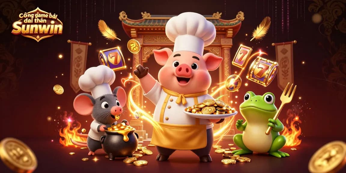 Experience Cổng game bài đổi thưởng Sunwin with playful characters and casino elements in a vibrant 3D illustration.