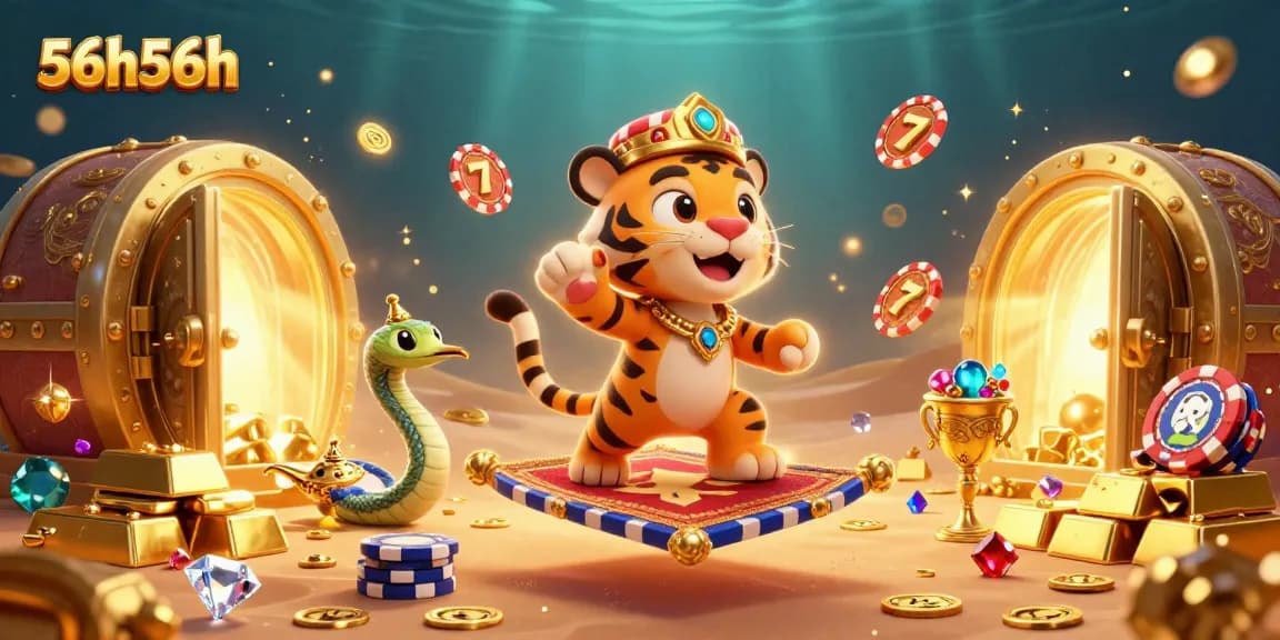 Experience the excitement of 56h56h slots with a vibrant 3D casino illustration bursting with treasures.