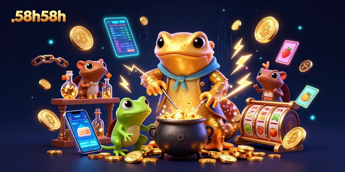 Experience 58h58h's excitement as characters create gold coins in a vibrant casino scene.