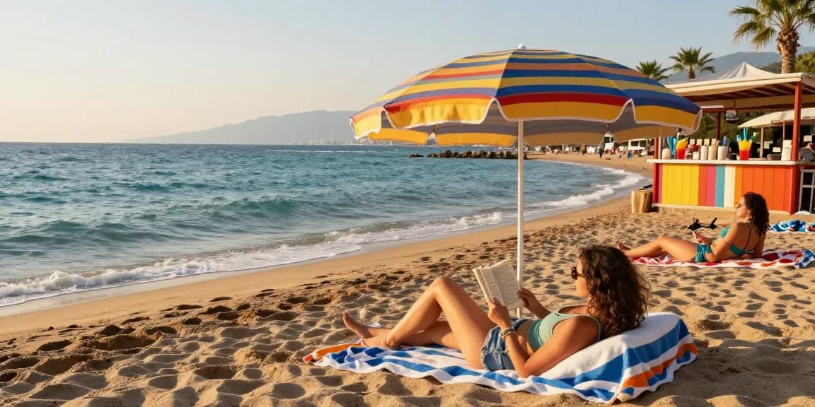 Antalya weather showcases a traveler relaxing on a sunny beach, surrounded by vibrant umbrellas and azure waves.