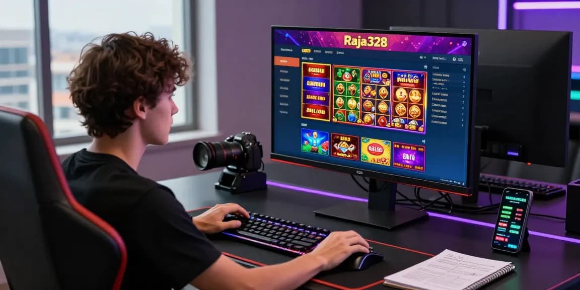 Engaging Raja328 gaming platform experience with vibrant graphics and a focused player.