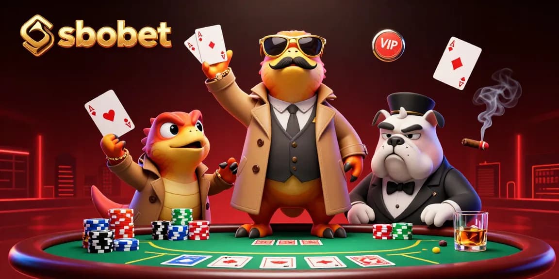 Engage in sbobet betting strategies with raptors at a VIP casino, surrounded by vibrant poker elements.
