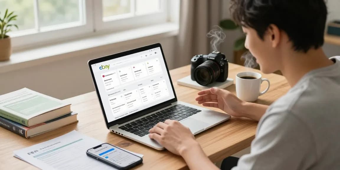 Buy eBay account for sale displayed on a laptop screen in a warm home setting.