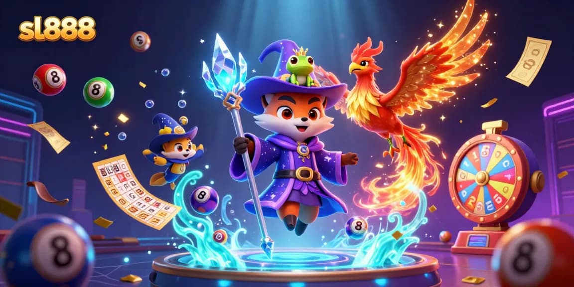 Experience sl888 excitement with a magical scene of a mystical fox wizard surrounded by colorful lottery elements.