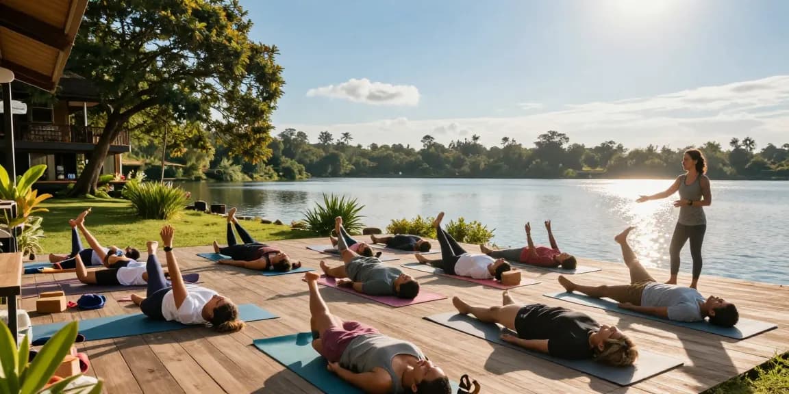 200 hour yoga teacher training sri lanka with diverse students practicing yoga lakeside, serene atmosphere and lush surroundings.
