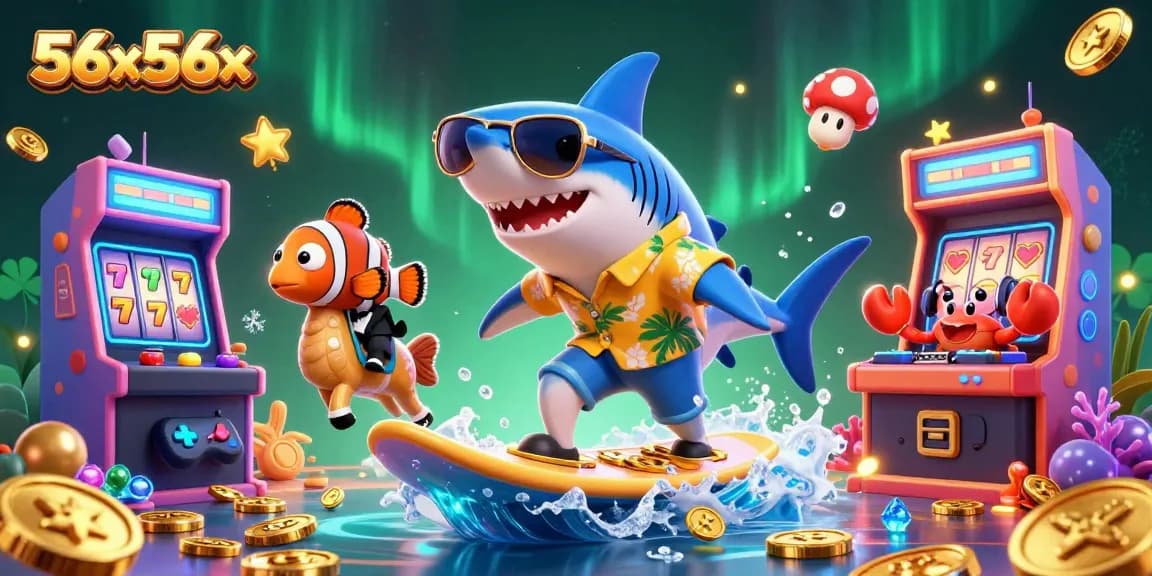 Ilustração 3D do tubarão martelo 56x56x surfando em moedas de ouro, cercado por jogos de cassino.
