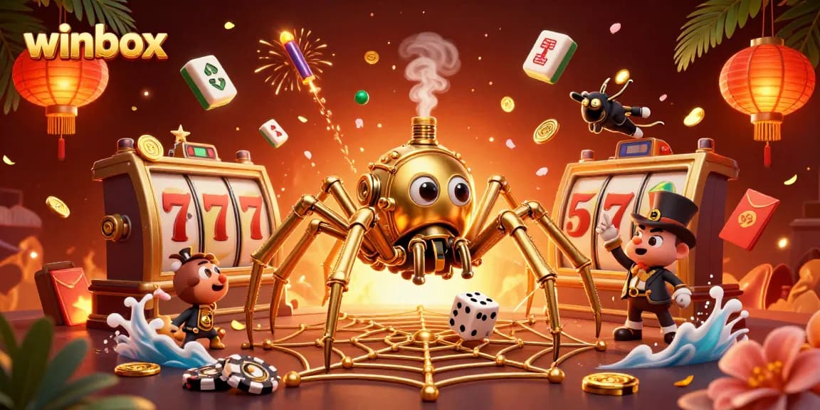 Winbox showcases a cinematic 3D scene with a steampunk spider, joyful catched dice, and vibrant gaming elements.