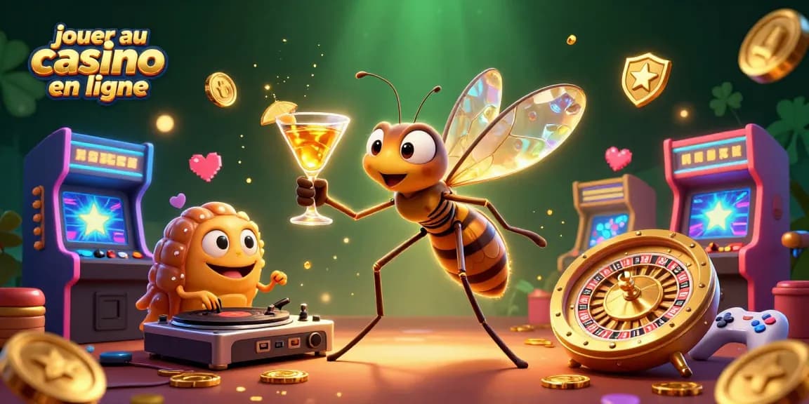 Jouer au casino en ligne avec un héros amusant dans une scène vibrante avec roulette et jeux colorés