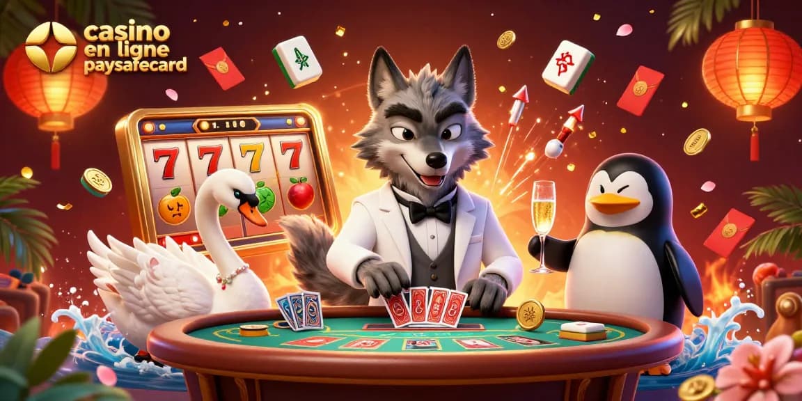 Casino en ligne paysafecard : un loup élégant joue au baccarat avec des éléments de jeu autour.