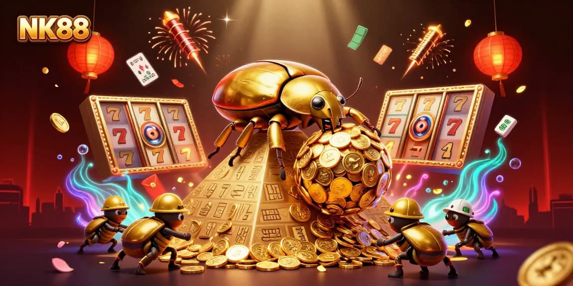 Engage with the exciting world of NK88 casino as a massive golden beetle rolls coins up a pyramid.