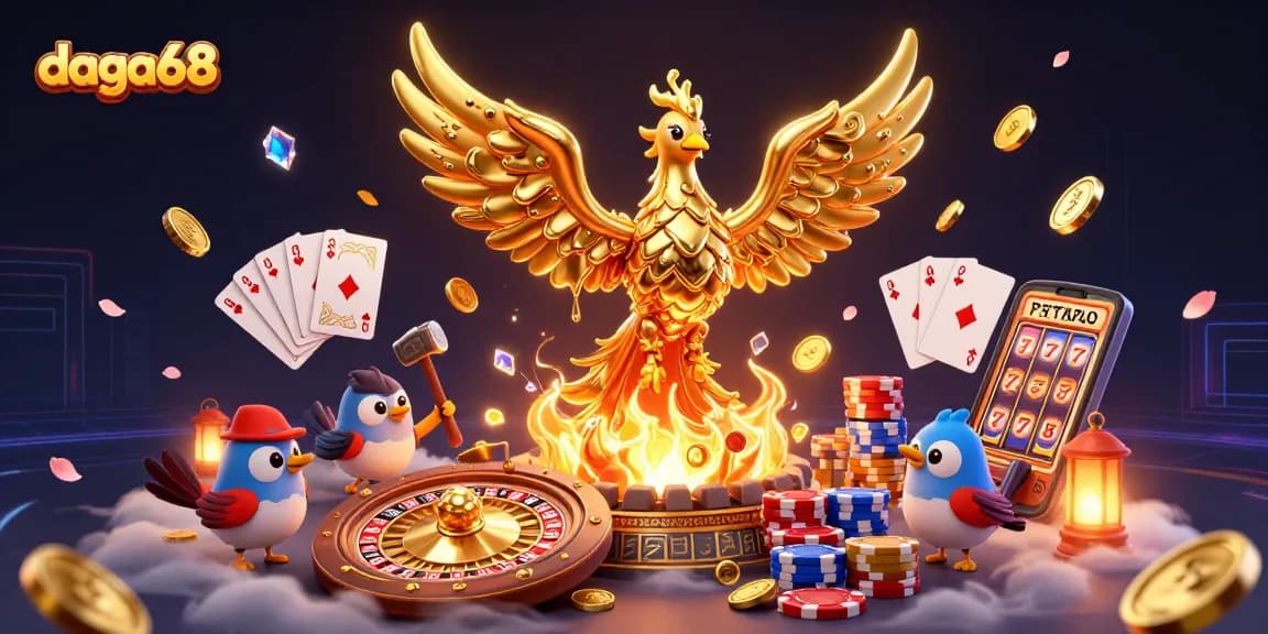 Daga68 offers an immersive cockfighting experience with golden phoenix and dynamic casino elements.