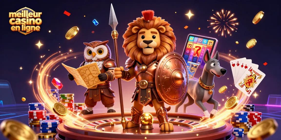 Illustration animée 3D représentant un lion Spartan et des éléments de jeu, meilleur casino en ligne au cœur de l'action.