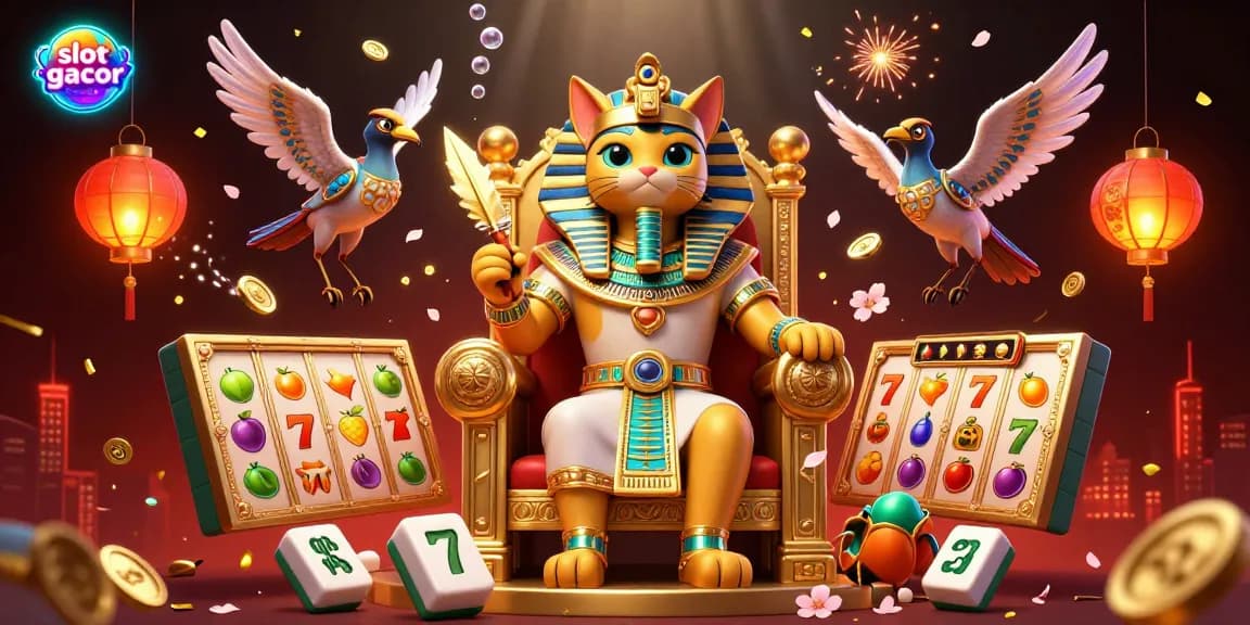 Engage with slot gacor excitement through a vibrant 3D casino illustration filled with fortune-themed symbols.