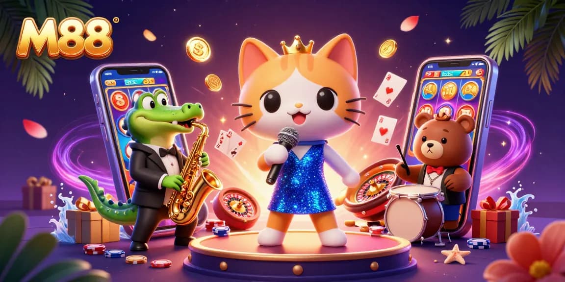 M88 brings excitement alive with animated characters and vibrant casino elements in a lively illustration.