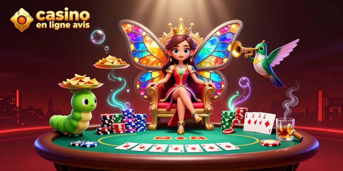 Découvrez le charme du casino en ligne avis avec une illustration de la reine papillon et des éléments de poker.