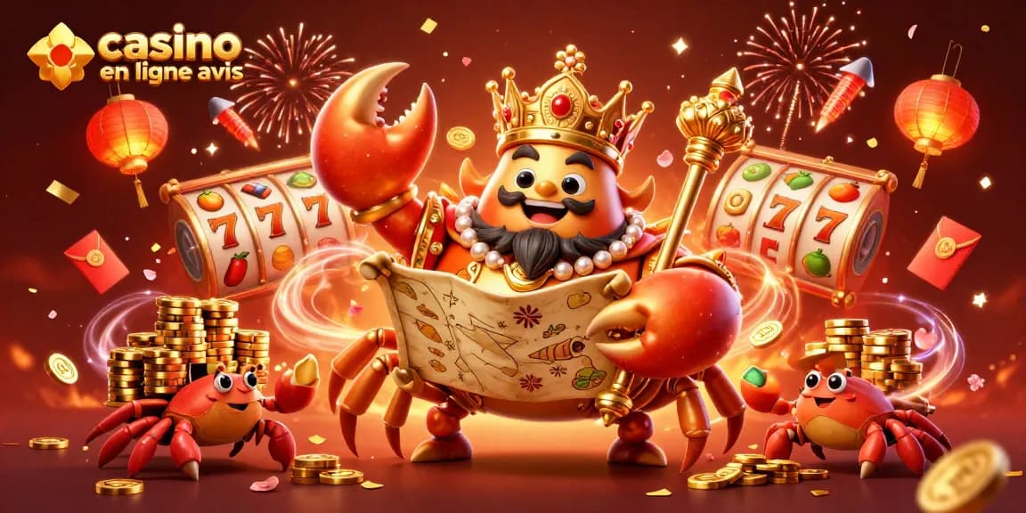 Jouer à des jeux de casino en ligne avec cette illustration captivante qui présente un crabe empereur au centre.