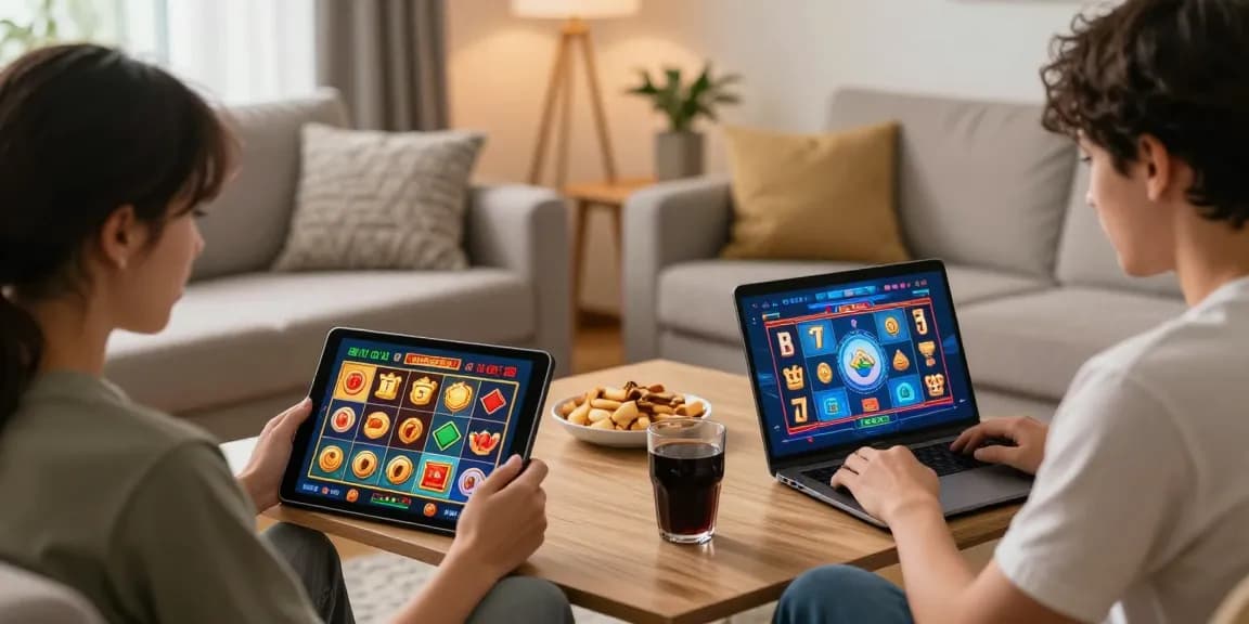 Play Mine Slot casino with friends in a cozy setting, engaging with vibrant symbols on devices.
