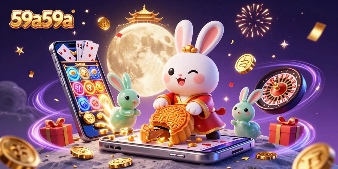 Engage with 59a59a where a moon rabbit pounds mooncakes revealing poker chips among a festive casino scene.