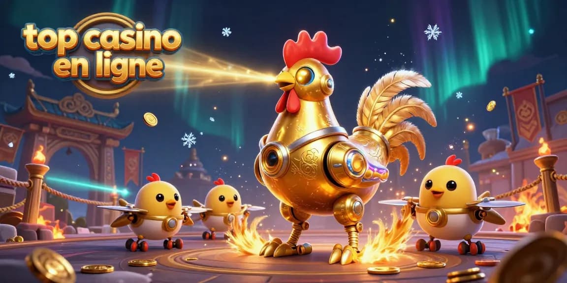 Découvrez le casino en ligne avec un robot poulet doré laser et ses drones, dans un décor dynamique et lumineux
