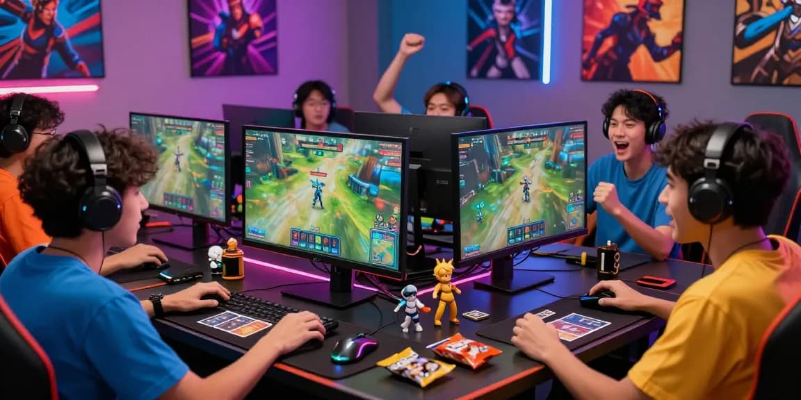 Players enjoying kecak4d gaming with vibrant monitors and cheering friends