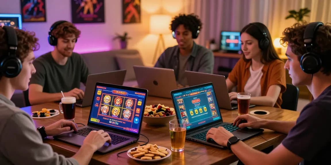 Exciting online gaming experience at 鉅城 with friends enjoying casino games on multiple devices in a cozy setting.