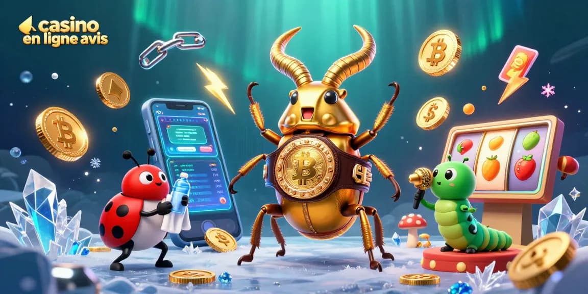 Un avis sur les casinos en ligne illustré par un scarabée doré et des éléments de jeu.