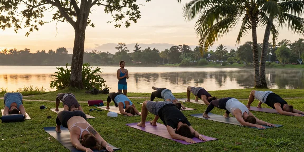 Harmony in synergy vinyasa yoga teacher training by Koggala Lake at sunrise.