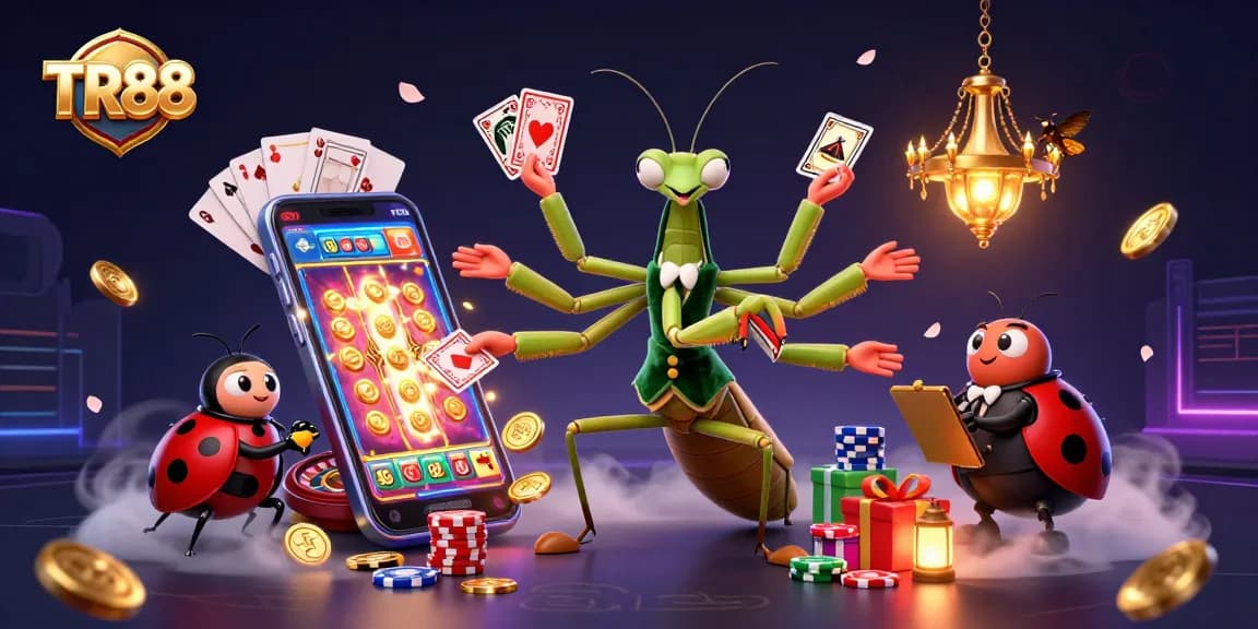Engage with thrilling TR88 gaming action from a giant praying mantis card sharp and ladybug pit boss in a dynamic casino scene.
