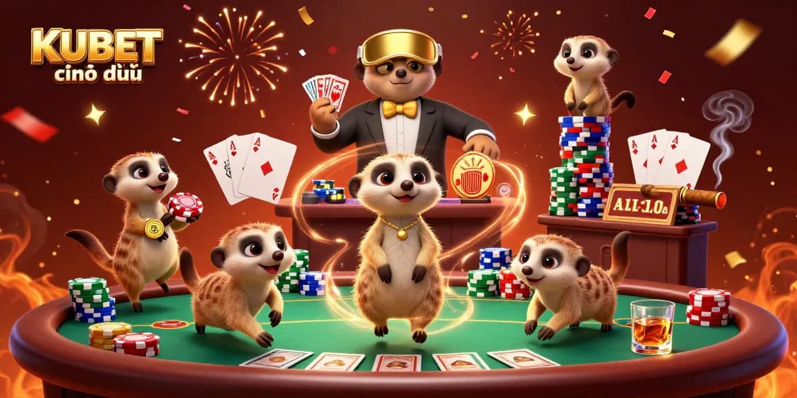 KUBET chính thức showcases a vibrant meerkat casino scene with card dealers and festive details.