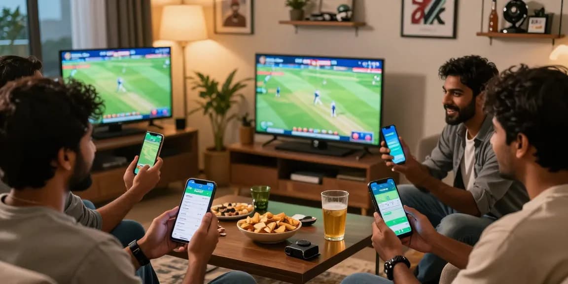Group enjoying Fairplay24 online betting during cricket match.