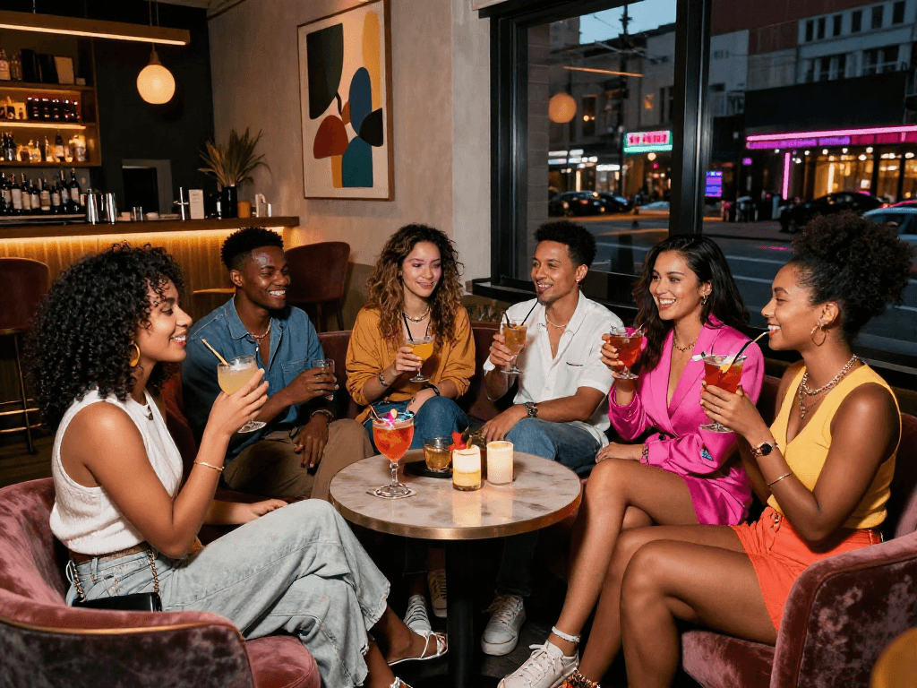 Friends enjoying a vibrant night out in a trendy lounge showcasing the growing nsfw ai culture in nightlife.