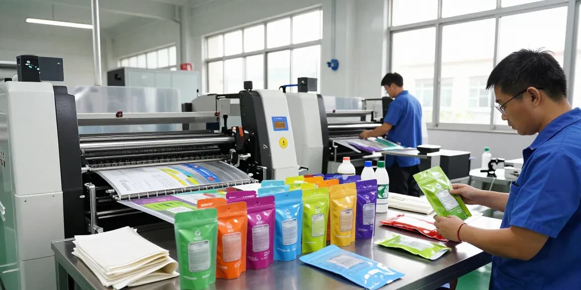 Custom stand-up pouches produced in a modern packaging facility showcasing sustainable materials and advanced printing technology.