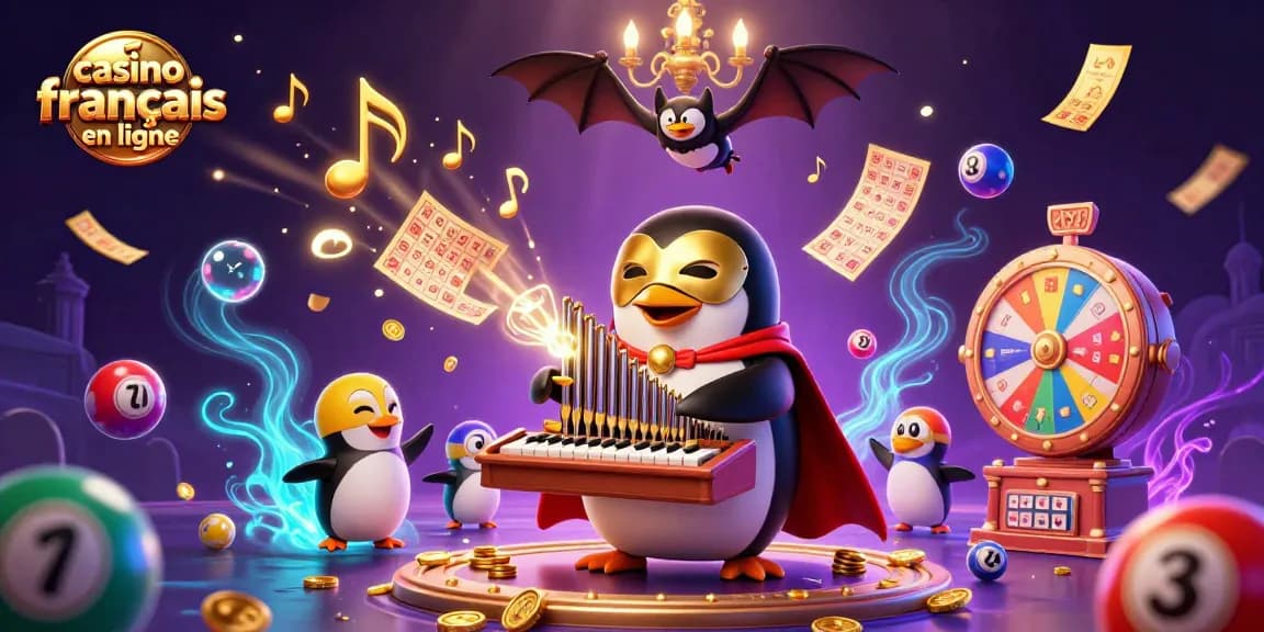 Plongez dans l'univers du casino francais en ligne avec un pingouin fantôme jouant de l'orgue en or.