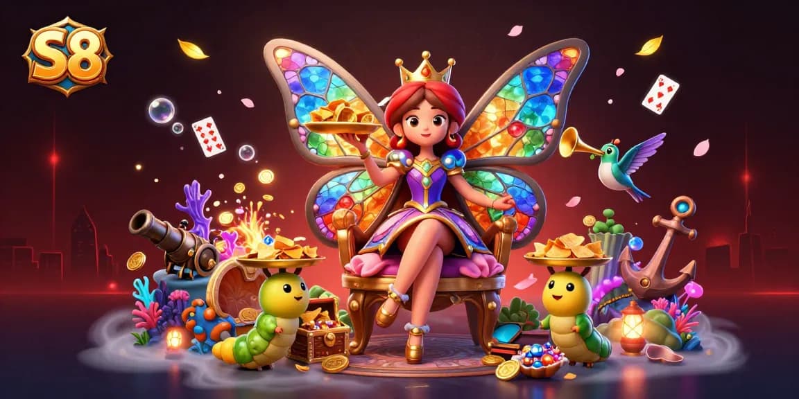 S8 presents a vibrant butterfly queen surrounded by treasures and gaming elements in an enchanting casino scene.
