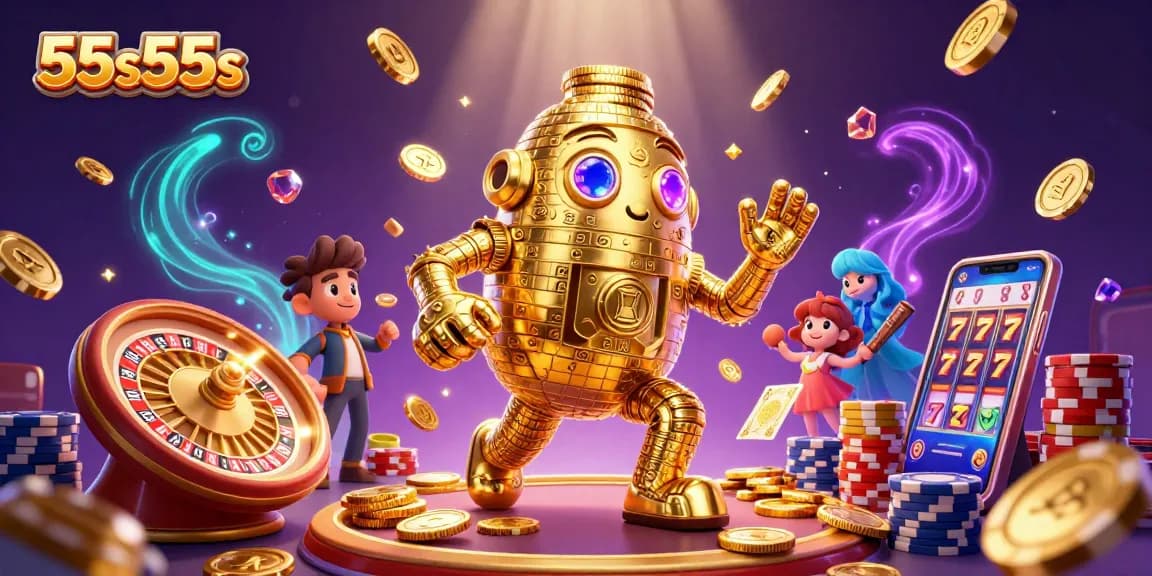 Ative sua sorte com 55s55s jogando slots rodeados por uma cena animada de cassino.