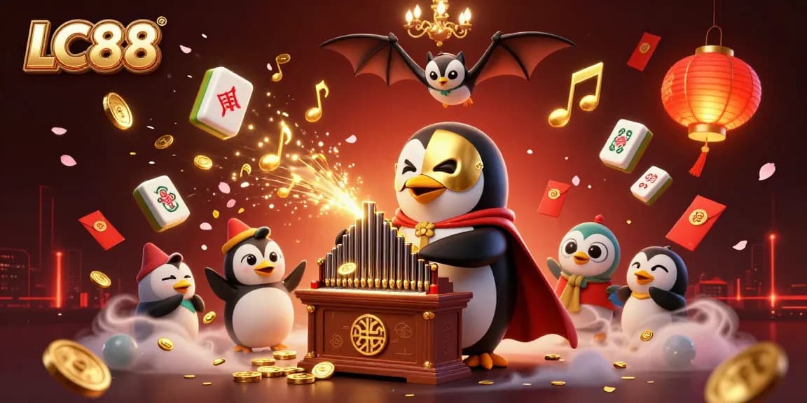 Experience the excitement of gambling with LC88 as you join a 3D cartoon phantom penguin in a dazzling casino scene.