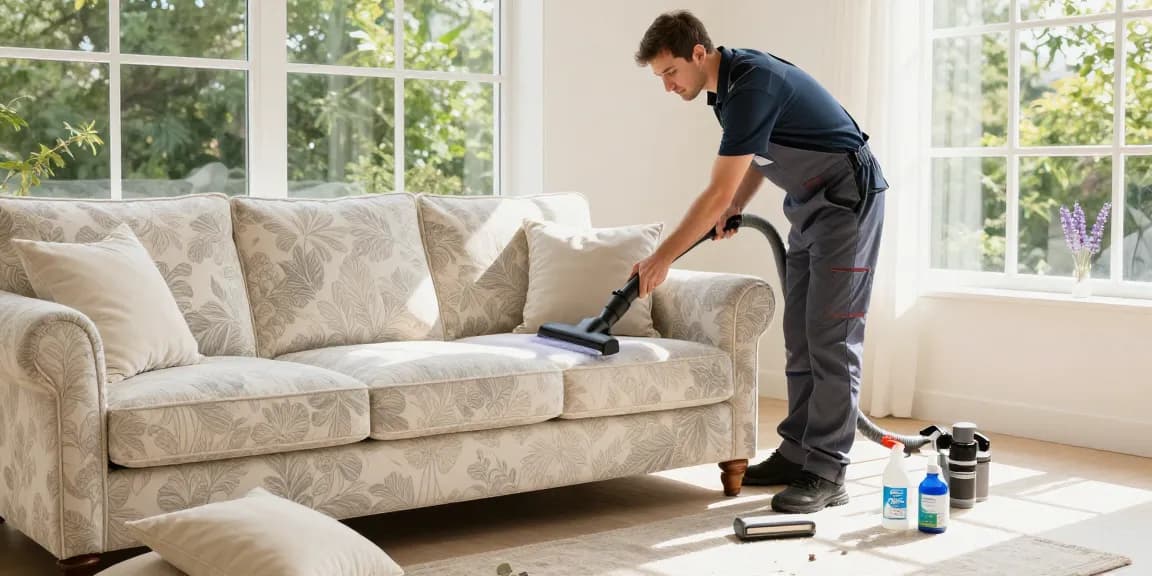 Professional upholstery cleaning service technician steam cleaning a sofa in a bright living room.