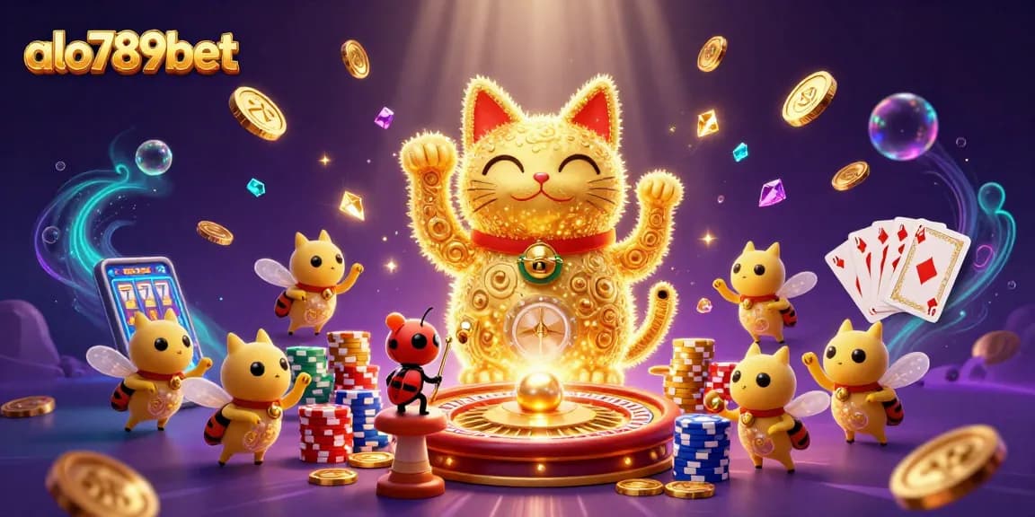 Experience the thrill of gaming with alo789bet's giant lucky cat and casino symbols.
