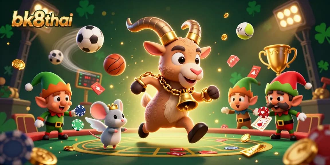 Witness the thrilling action at bk8thai's lively casino, featuring Krampus the goat and playful elves amidst dynamic sports elements.