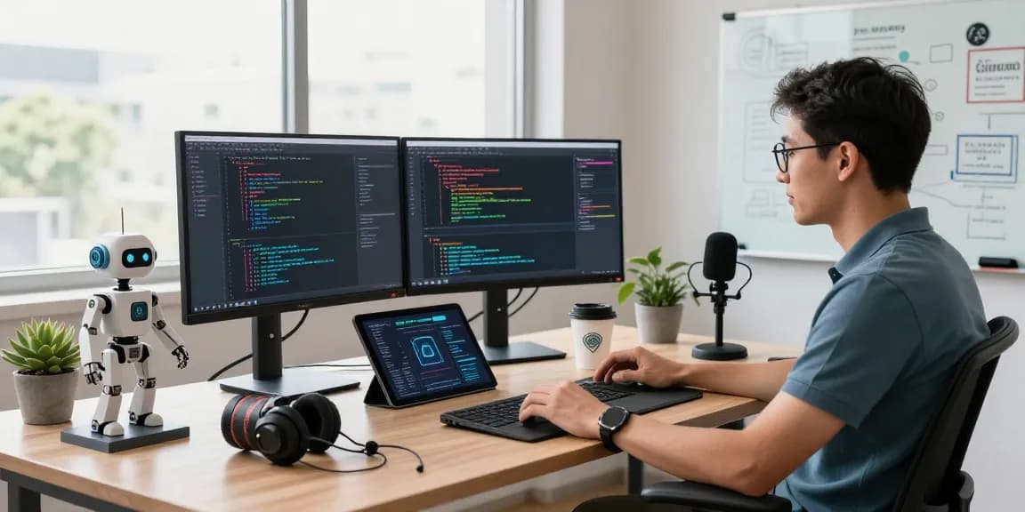 How to Make an AI in a dynamic workspace featuring an engineer coding with monitors and AI elements in a modern office.