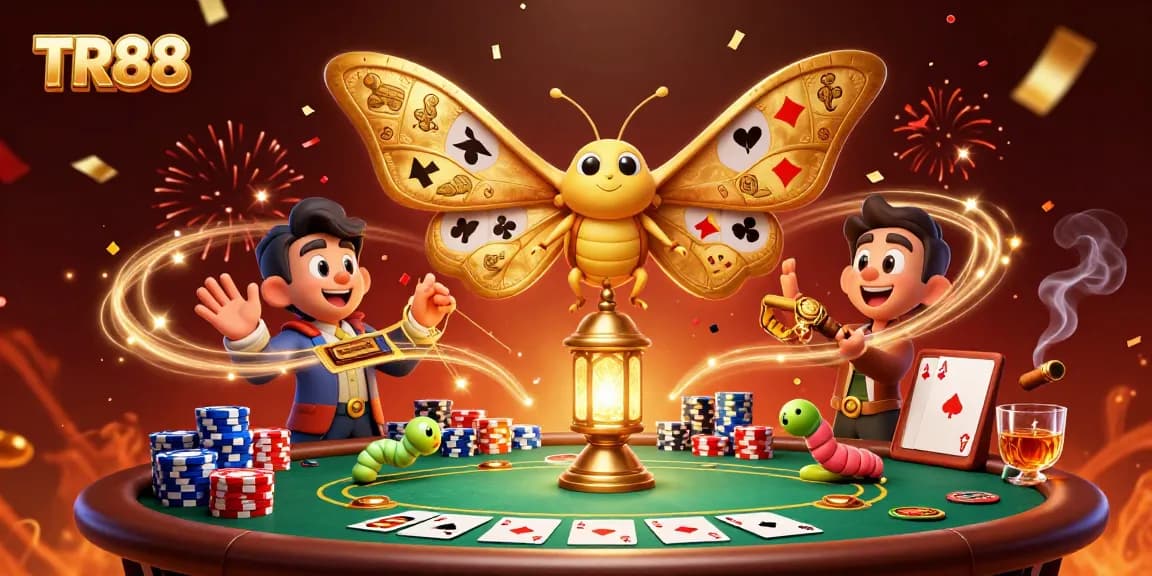 Engage with TR88's vibrant casino atmosphere featuring a majestic moth and poker elements.