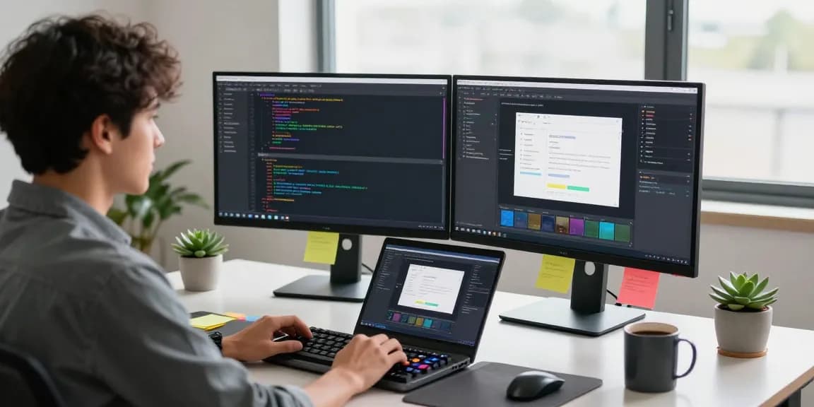 Developer using Snipaste in a high-tech workspace with dual monitors displaying code and design, fostering creativity and productivity.
